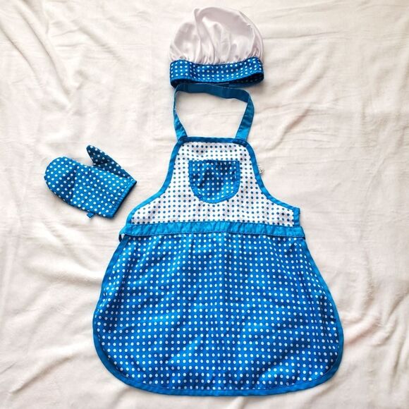 Children's Chef Cooking Set Apron Chef Hat Oven Mit Kids Age 2-8 Years Old Blue - Picture 1 of 14